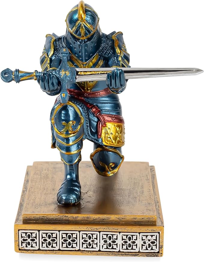 MACLARONX Kneeling Knight Pen Holder with Sword Medieval Warrior Fancy Pencil Stand for Office Desk Home Decor for Men Father Husband Armor Soldier Statue