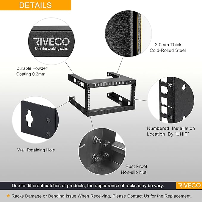 RIVECO 4U 19" Wall Mount Network Rack – 17.7" Deep 2 Post Open Frame Cabinet - Image 3