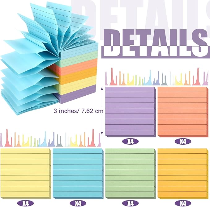 24 Pack Pop Up Sticky Notes 3 x 3 Refills 1200 Sheets Colored Sticky Notes Self Adhesive Memo Pads for Home Office Supplies(Light Colors, Line)