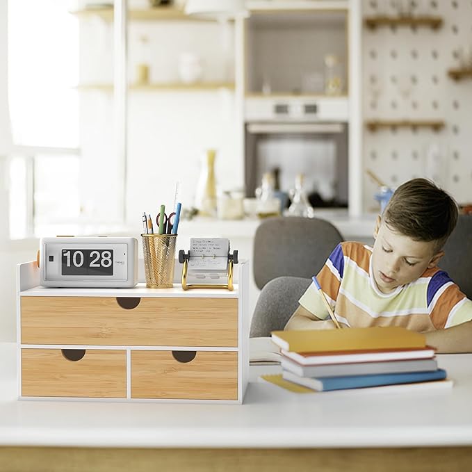 Wisuce Desk Organizer with Drawers - Bamboo Desktop Organizer Storage | White-Natural Wood Desk Drawers Organizer for Bills, Office Supplies, Cosmetics, Seals No Assembly Required