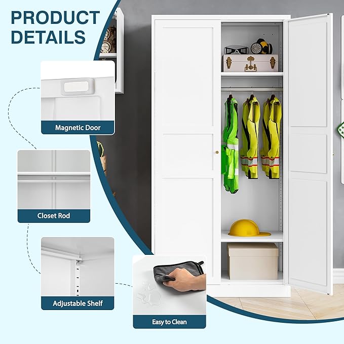 MIIIKO Wardrobe Closet with 2 Doors, 72" Metal Clothing Storage Cabinets with Hanging Rod, Bedroom Armoires Laundry Room and Office Clothes Storage Organizer Cabinets