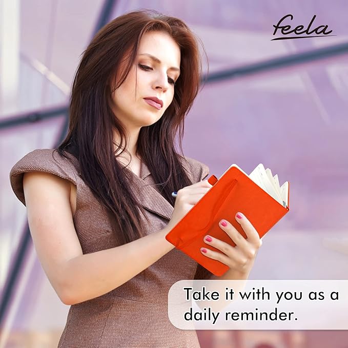 feela 3 Pack Notebooks Journals Bulk with 3 Black Pens, A5 Hardcover Notebook Classic Ruled Lined Journal Set with Pen Holder for Work Business Journaling Note Taking, 120 GSM, 5.1”x8.3”, Orange