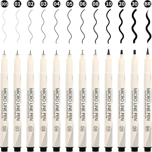 Black Micro Pens Set - 12 Sizes (0.23mm to 5mm), Waterproof Archival Ink, Fine Point Pens for Artists, Illustrators, Sketching, Anime, Manga & Technical Drawing