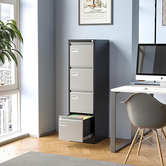 4 Drawer File Cabinet, Filing Cabinets for Home Office, Metal Vertical File Storage Cabinet with Lock, Locking File Cabinet for A4 Legal/Letter, 15" W x 17.7" D x 50.1" H, Assembly Required