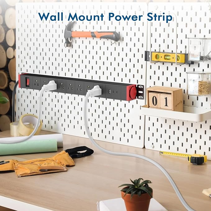 8 Outlet Surge Protector Power Strip,360° Rotatable Mounting,PD 20W USB C Fast Charging, Mountable Powerstrip Metal with 5FT Colied Cord for Home Office Industrial Garage Commercial