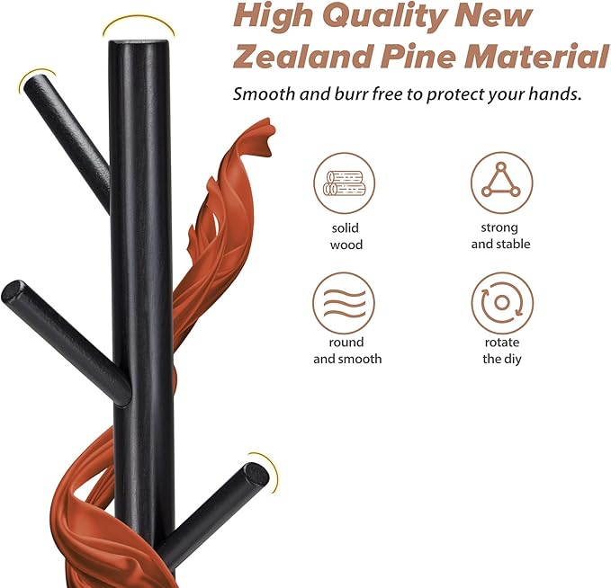 Wooden Coat Rack, Free Standing Coat Rack with 8 Hooks 3 Adjustable Heights for Clothes, Hats, Handbags, Coat Tree Easy Assembly for Entryway, Bedroom, Hallway, Office (New Black)