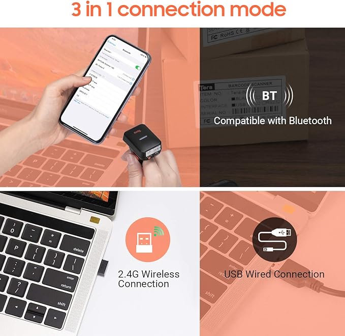 Tera 1D Wireless Barcode Scanner Compatible with Bluetooth, Printed Digital Barcode Reader Scanner Mini Wearable for Windows, Mac OS, Android with Vibration Alert Model HW0011
