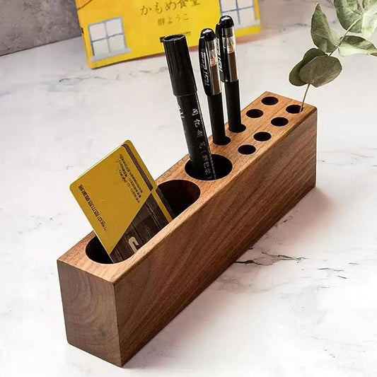 LiTY Pen Holder for Desk, Acacia Wooden Pencil Stand, Solid Wood Business Card Holder, Fountain Pen Organizer, Minimalist Aesthetic Office Stationery Desk Decor