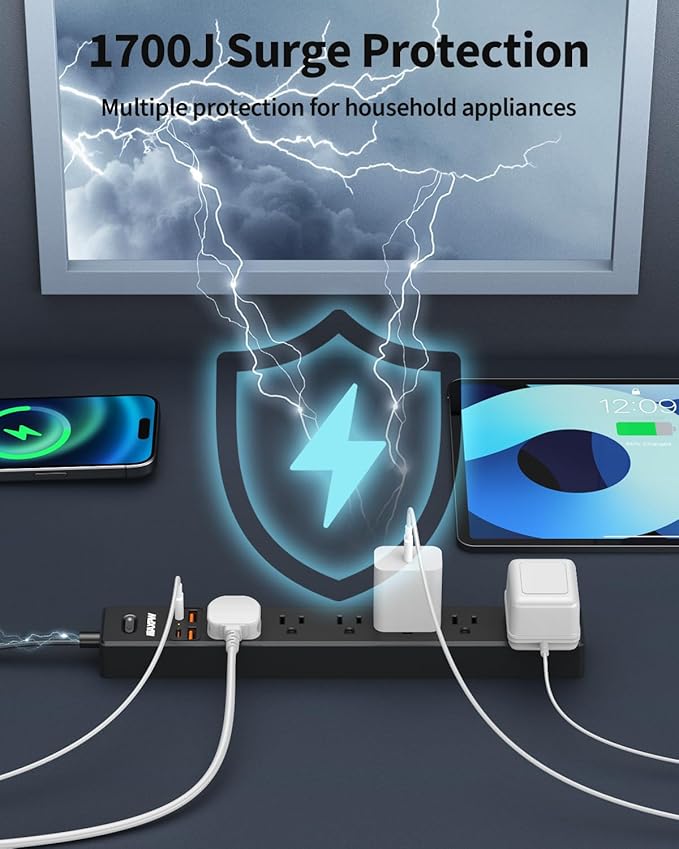 6 Ft Power Strip Surge Protector - 7 Outlets 4 USB Ports (2 USB C), Ultra Thin Flat Extension Cord & Flat Plug, 1700 Joules, Wall Mount, Desk Charging Station for Home Office Dorm, Black