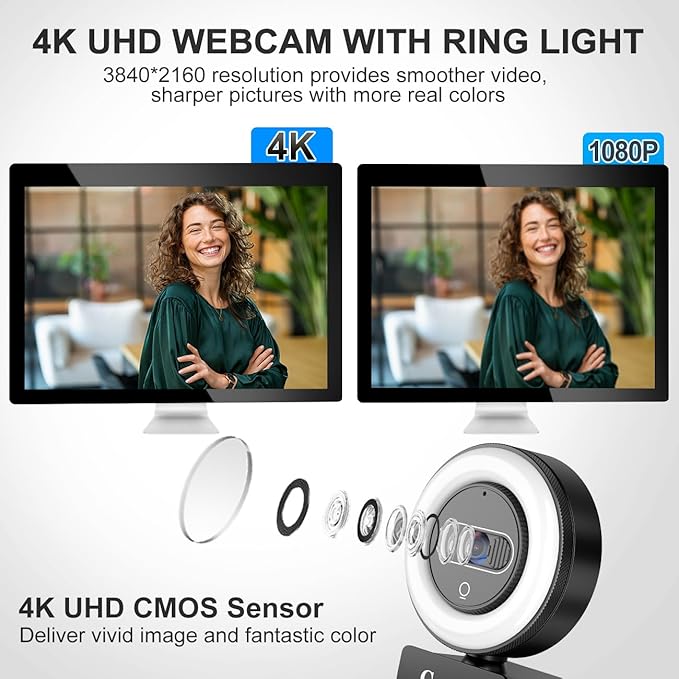 4K Webcam with Light, HD Webcam for PC with Remote Control, Built-in Privacy Cover, Adjustable Brightness, Noise Reduction Mics, for Zoom Skype Teams Laptop and Google Meet