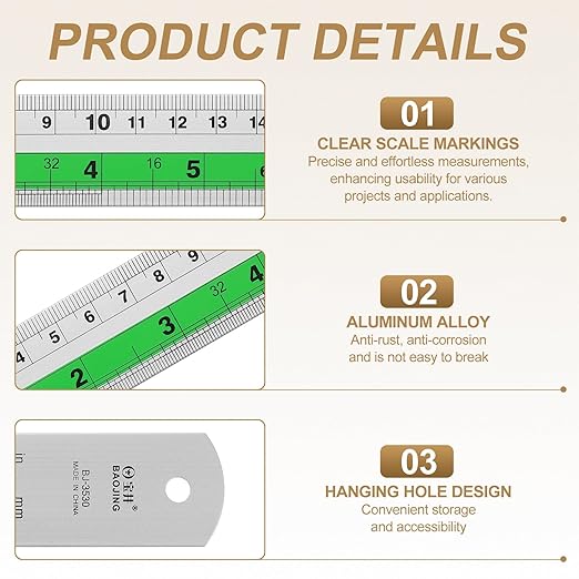 HARFINGTON 4pcs Metal Straight Ruler 15cm Metric SAE Aluminum Alloy Measuring Rulers Scale Tool with Hole for Measure Study Reading Classroom Office, Green