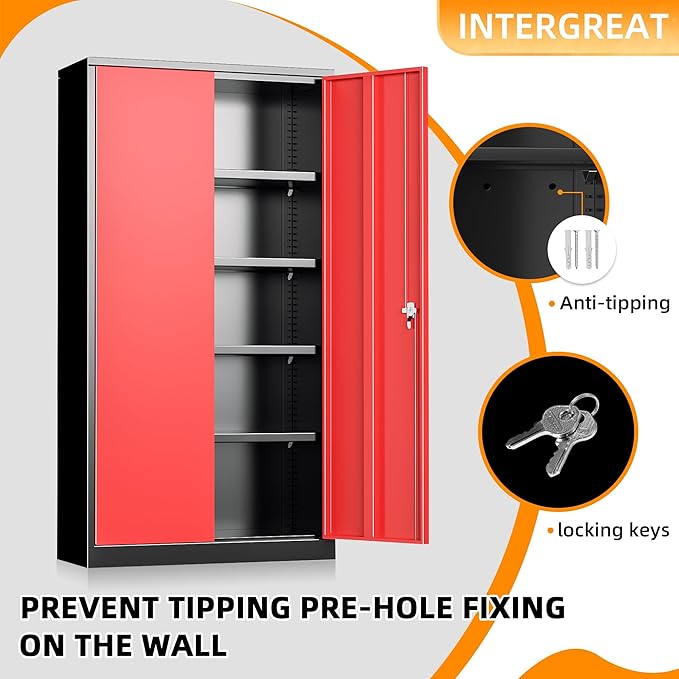 INTERGREAT Garage Storage Cabinet with Lockable Door, 72" H Metal Locking Cabinets with 4 Adjustable Shelves,Black Red Steel Cabinets Storage for Home Office, Warehouse，School