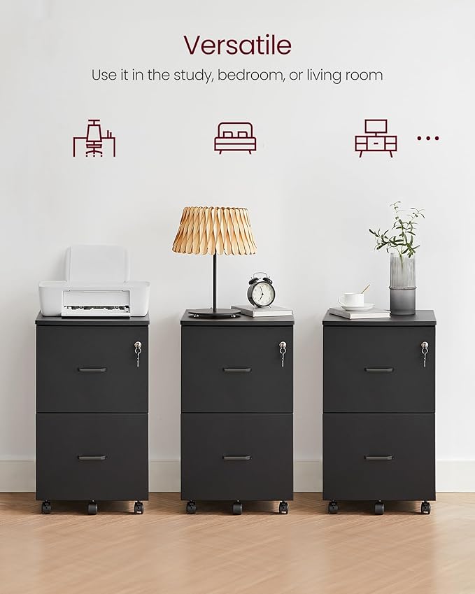 VASAGLE 2-Drawer File Cabinet, Locking Filing Cabinet for Home Office, Small Rolling Printer Stand, A4, Letter-Size Hanging Files, Assembly Required, Black ULCD027T16V2