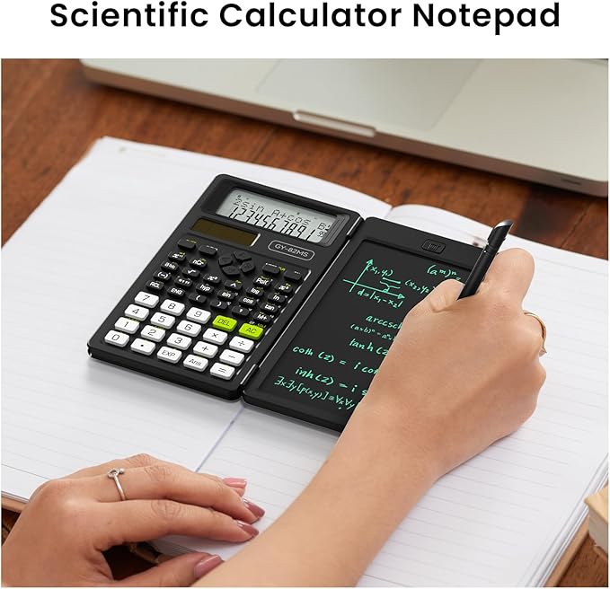 Scientific Calculators for School with Notepad, ROATEE Middle and High School Supplies for Student, 82 MS Foldable 2-Line Display Science Calculator with Writing Tablet, Solar and Battery Power Black