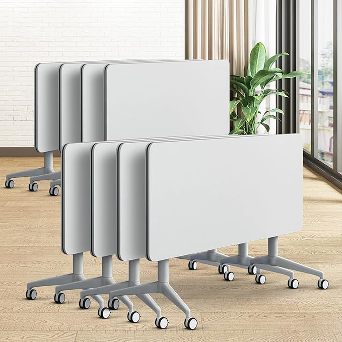 Folding Conference Table, Modern Large Conference Room Tables with Flip-Top Design, Foldable Conference Table Meeting Table with Wheels, Mobile Seminar Training Tables for Office Classroom (8, White)