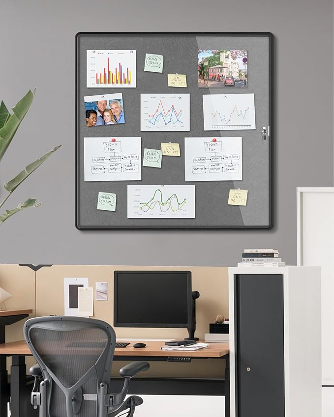 38"x38" Enclosed Bulletin Board, Lockable Weather-Resistant Aluminum Cork Noticeboard for School & Office, Black Frame w/Grey Flet