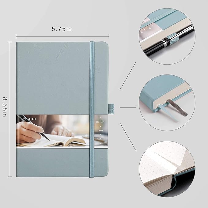 EMSHOI Dotted Notebook - 256 Pages A5 Dotted Grid Journal Notebook,120gsm Thick Paper,16 Perforated Pages, Smooth PU Leather, Inner Pocket,5.75'' × 8.38''-GrayBlue