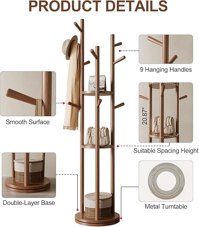 Solid Wood Rotary Coat Rack, Freestanding Coat Rack with 3 Shelves and 9 Hooks, Coat tree for Bedroom, Entryway, Livingroom, Coat Hanger Stand for Coats, Scarves, Handbags (Walnut)