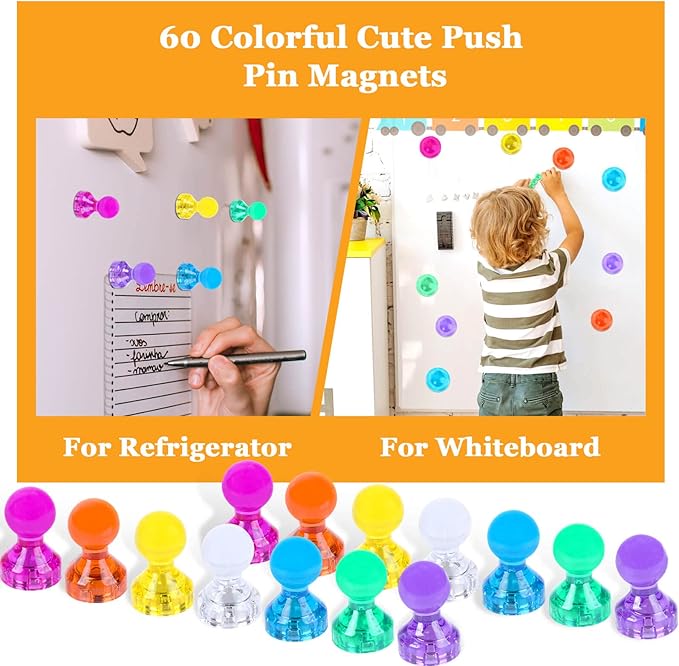 60Pcs Push Pin Magnets, Small Strong Refrigerator Magnets for Whiteboard, Funny Cute Decorative Fridge Magnet, for Locker School Classroom Calendar Kitchen Office Dry Erase Board Map Magnetic Push Pin