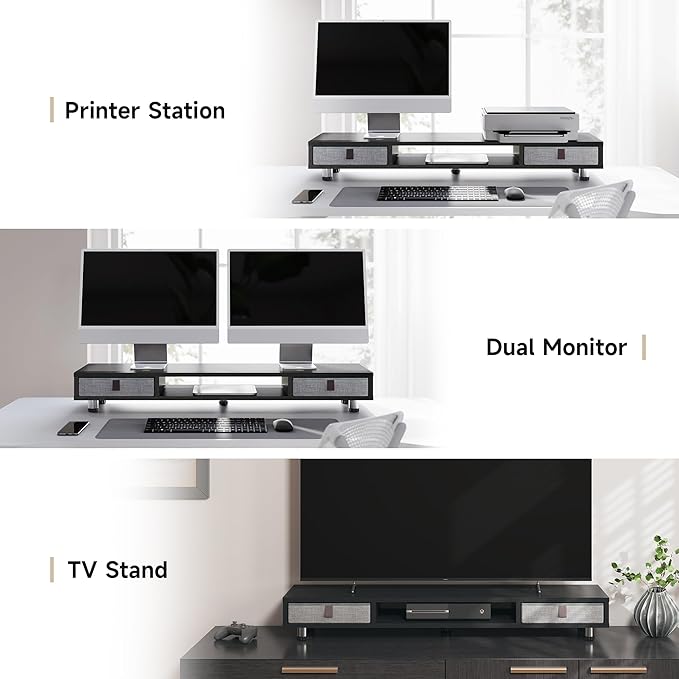 Fenge Dual Monitor Stand with 2 Drawers, 42.5 Inches Large Computer Riser for Desk, Adjustable Height Desk Shelf with Storage for Laptop, PC, TV, Printer