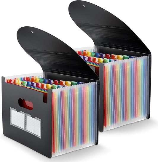 Accordion File Organizer, 2 Pack 24 Pockets Expanding File Folders, Portable Monthly Bill Receipt Documents Organizer with Colorful A-Z Tabs, Letter/A4 Size - Black