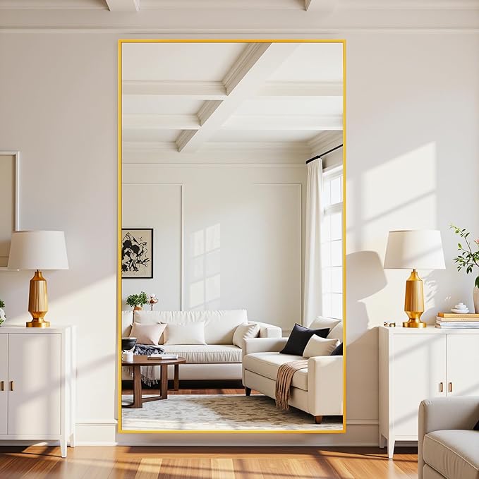 Full Length Mirror, 86"x46" Oversized Floor Mirror Freestanding, Full Body Mirror Floor Standing Mirrors with Stand, Hanging Mounted Mirrors for Bedroom Living Room, Gold, Rect Style