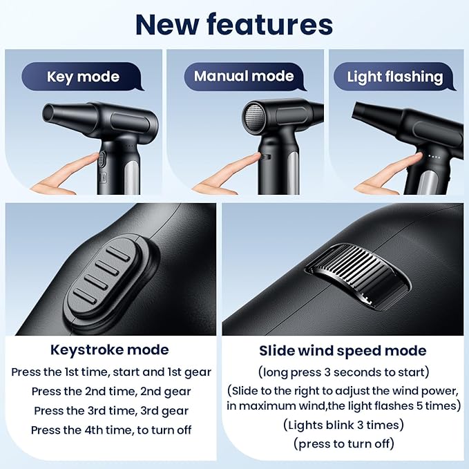 Electric Compressed Air Duster - 32,0000 RPM Rechargeable Cordless Air Blower for PC, Computer Keyboard Cleaning Kit - Mini Battery Powered Air Duster for Electronics, Car, Home - Replaces Air Cans