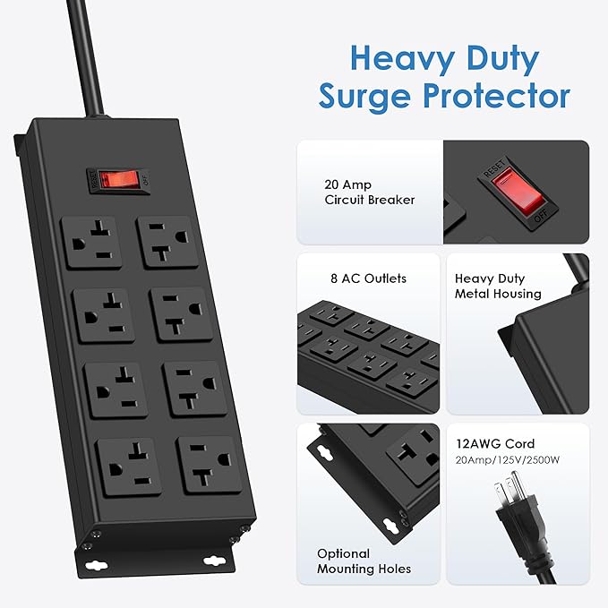 JUNNUJ Heavy Duty 20 Amp Power Strip, Garage 8 Outlets Metal 12 Gauge Surge Protector 3000J, High Amp 5-15P Adapter Shop 6-20R T-Slot Industrial Outlets (8AC, 6FT)