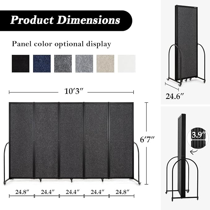Folding Room Partition,Privacy Room Screen with Arms,Office Dividers Partition Wall,10'2"L* 6'7"H,Dark Grey