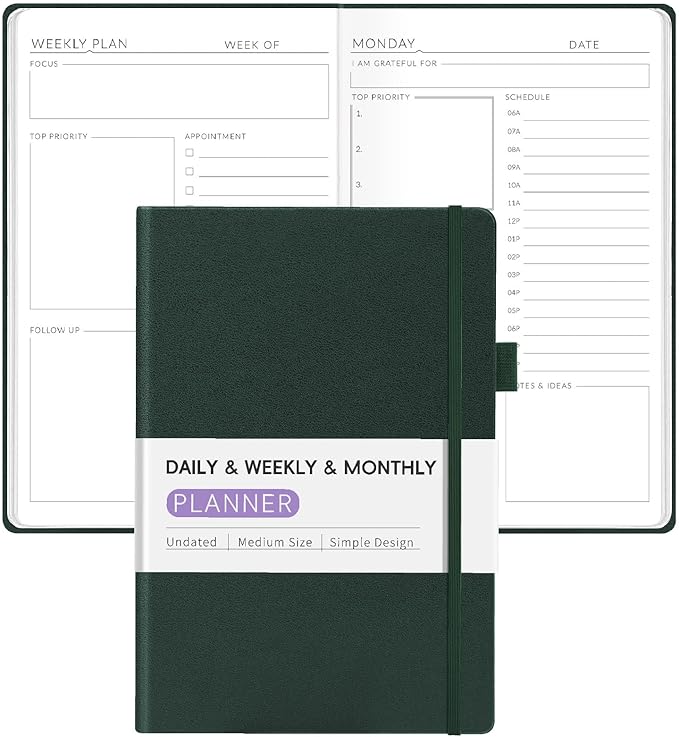 Undated Weekly Planner for 2025, Forvencer Daily & Weekly & Monthly Calendar Planner, Cute Daily Organizer Notebook, Agenda Journal to Track Goals & Tasks, Start Anytime, A5 Size, Dark Green