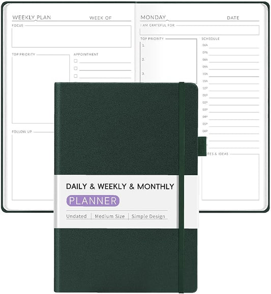 Undated Weekly Planner for 2025, Forvencer Daily & Weekly & Monthly Calendar Planner, Cute Daily Organizer Notebook, Agenda Journal to Track Goals & Tasks, Start Anytime, A5 Size, Dark Green