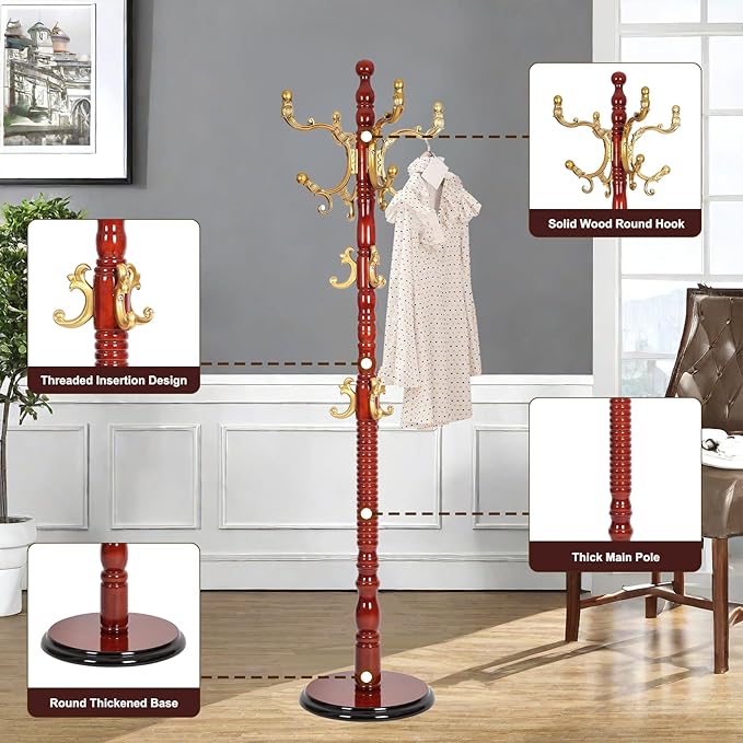 Solid Wood Coat Rack – 73" Freestanding Coat Racks Stand with 14 Hooks & Stable Base, Adjustable Height Modern Wooden Hall Tree for Entryway, Bedroom, Office, Home (Begonia Round)