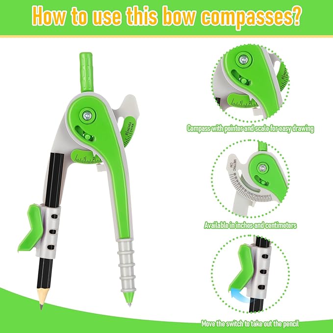 EBOOT Student Geometry Math Set, Drawing Compass and 6 Inch Clear Swing Arm Protractors 180 Degree Math Protractor (Green)