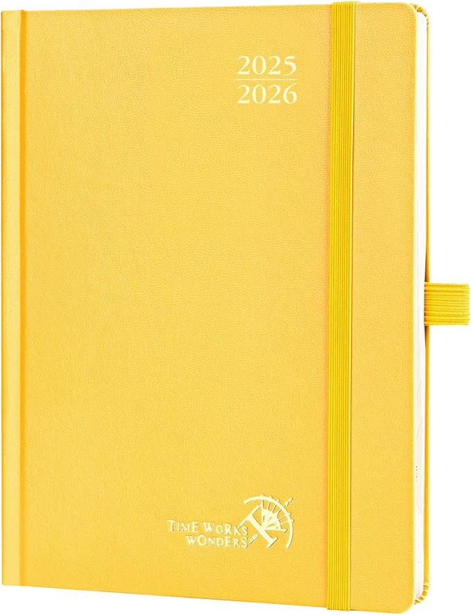 POPRUN Planner 2025-2026, (Medium 6.5'' x 8.5'' Hard Cover) Academic Calendar (July 25-June 26) Daily Weekly and Monthly Appointment Book with Hourly Time Slots, Monthly Tabs, 100 GSM - Light Yellow