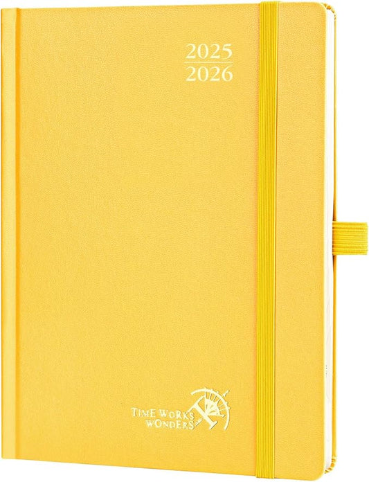 POPRUN Planner 2025-2026, (Medium 6.5'' x 8.5'' Hard Cover) Academic Calendar (July 25-June 26) Daily Weekly and Monthly Appointment Book with Hourly Time Slots, Monthly Tabs, 100 GSM - Light Yellow