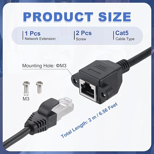 MECCANIXITY Cat5 Ethernet Extension Cable, 6.6Ft RJ45 Male to Female Screw - Image 2