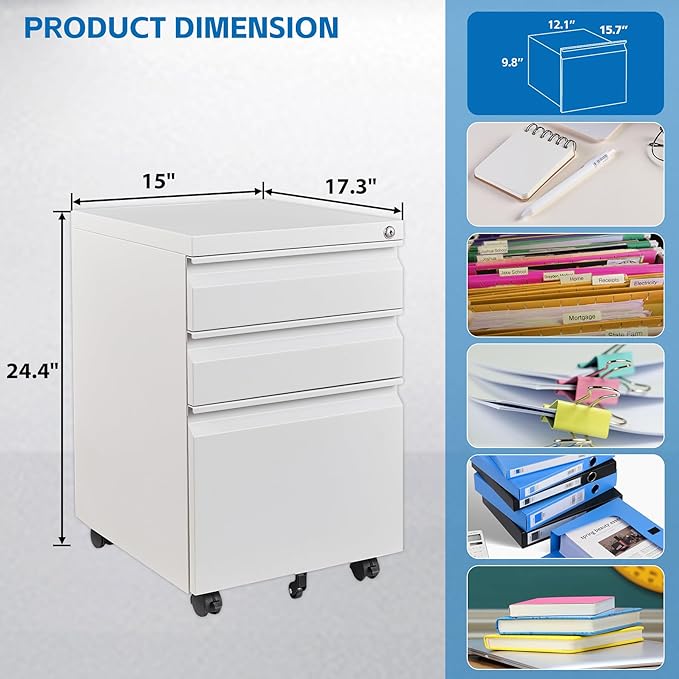 3 Drawers File Cabinet with Lock Metal Vertical File Cabient with Wheels Mobile File Cabinet for Office Home Fully Assembled (White)
