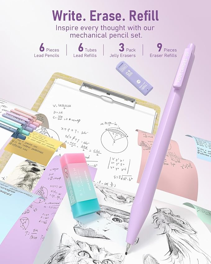 Four Candies 39 PCS Aesthetic School Supplies with Cute Pen Case, 12 Pastel Highlighters, 5 Black Ink Gel Pens, 6 Mechanical Pencils Set 0.5 & 0.7mm for Students Stationary College Essentials (Purple)