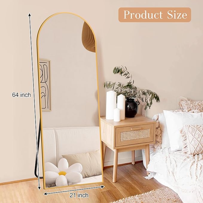 64"x21" Arched Full Length Mirror, Elegant Full Body Mirror with Stand for Bedroom & Cloakroom, Gold