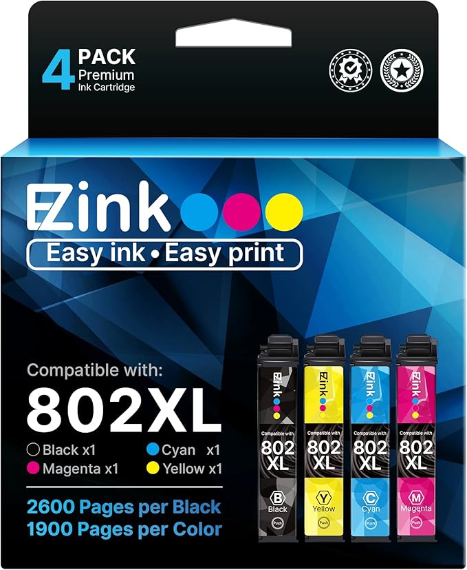 E-Z Ink Remanufactured Ink Cartridge Replacement for Epson 802XL 802 T802XL T802 to use with Workforce Pro WF-4740 WF-4730 WF-4720 WF-4734 EC-4020 EC-4030 (1 Black, 1 Cyan, 1 Magenta, 1 Yellow)