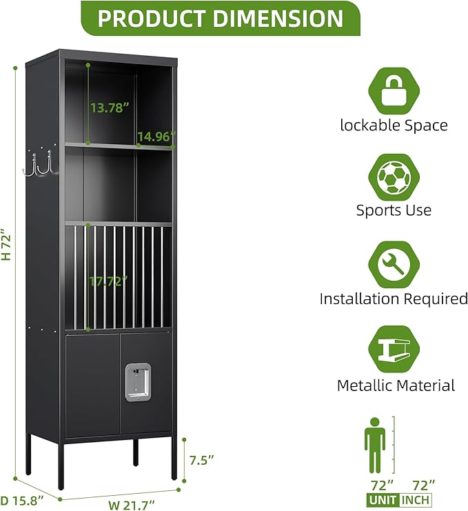 Aobabo 72" H Metal Storage Locker for Gym, for Stores Sports Gear Footballs, Rugby Balls and Tennis, Open Storage Locker with Hooks for School, Gym, Black, Assembly Required