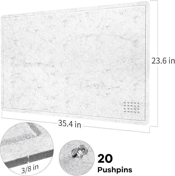 Bulletin Board, 36 x 24 inches Felt Board - Decorative Pin Board, Cork Board Alternative for Wall, 3' x 2' Foldable Picture Board Self-Adhesive Vision Board with 20 Pushpins - Marble White