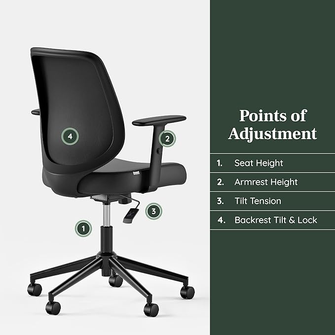 Branch Daily Chair - Vegan Leather Office Chair with Swivel, Lumbar Rest, and Adjustable Armrests - Comfortable Seating for Improved Posture and Productivity - Black