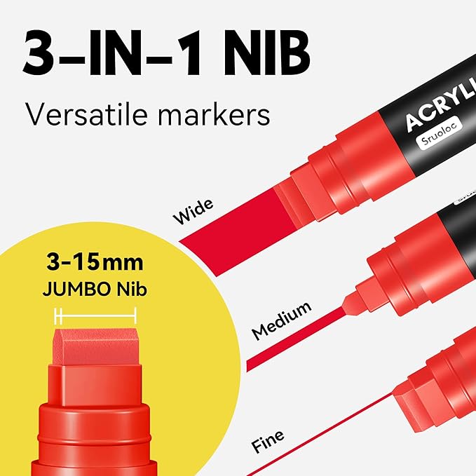 3 Jumbo Permanent Markers Red, 15mm Thick Wide Tip, Large Acrylic Paint Markers for Rock Painting, Poster, Graffiti, Stone, Ceramic, Glass, Wood, Canvas