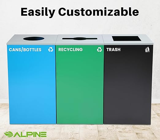 Alpine Commercial Indoor Recycle Bin - 29 Gallon Modern Looking Green Recycle Bin, Office Recycling Bins, Metal Trash and Recycling Container with Stickers & 3 Optional Lids (lid Sold Separately)