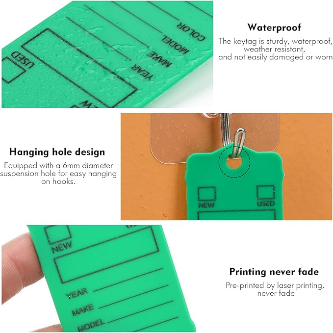 50 Car Key Tags with Labels Plastic Car Dealership Key Tags Self Locking Automotive Identifiers Blank Shop Labels with One Pen (Green)
