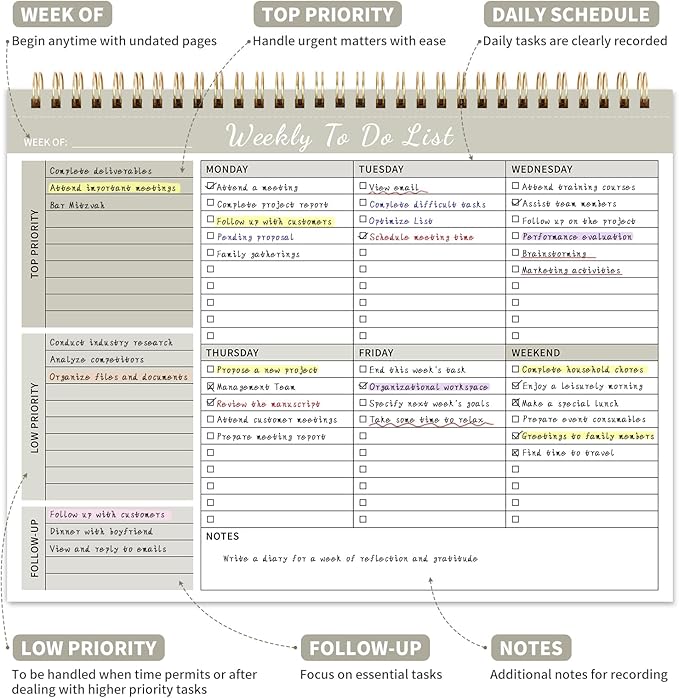 Weekly To Do List Notepad, 52 Undated Sheets （8.5"×11") Duplex-printed Daily Planner For Work Home School Office Desk Accessories Supplies & Goal Setting Tasks - Beige