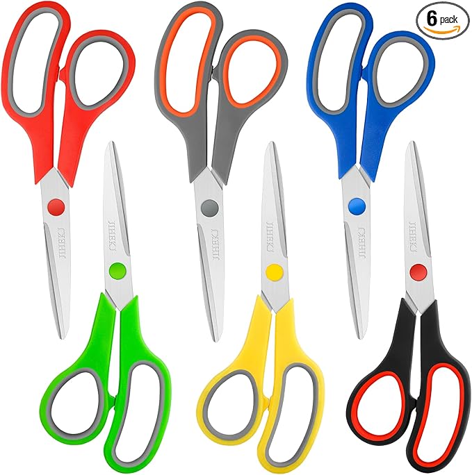 8" Scissors Bulk 6-Pack, All Purpose Scissors Stainless Steel Sharp for Office Home General Use Craft Supplies, High/Middle School Classroom Class Older Kids Scissor Set, Right/Left Handed