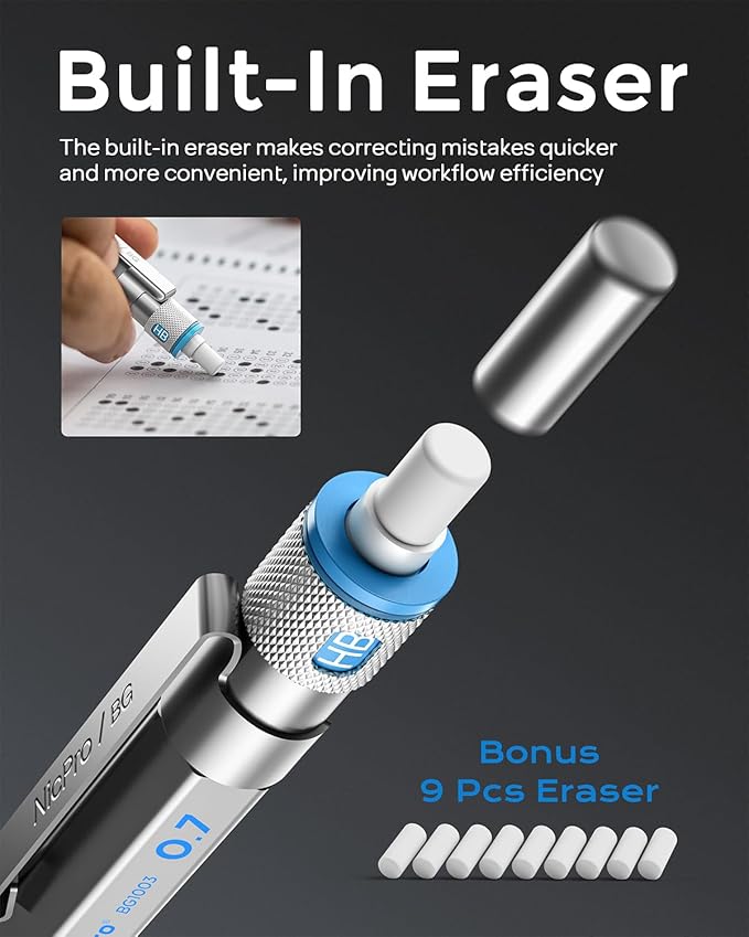 Nicpro Blocky Gear 0.7 mm Mechanical Pencils Set in Case, Metal Pencil with Lead Refills, Eraser for Professional & Adult Art Writing Drafting Drawing