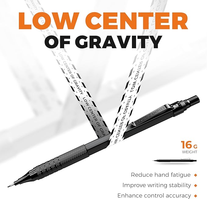 Four Candies Metal Mechanical Pencil Set, 3PCS Art Drafting Pencils 0.5, 0.7, 0.9MM & 2PCS 2MM Mechanical Drawing Pencils with 420PCS Leads (4B 2B HB 2H Color) for Writing Sketching Drawing (Black)